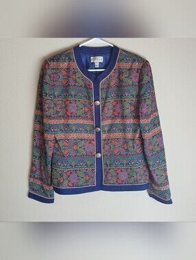 Adrianna Papell Silk Multicolor Floral Paisley Blazer with Decorative Trim